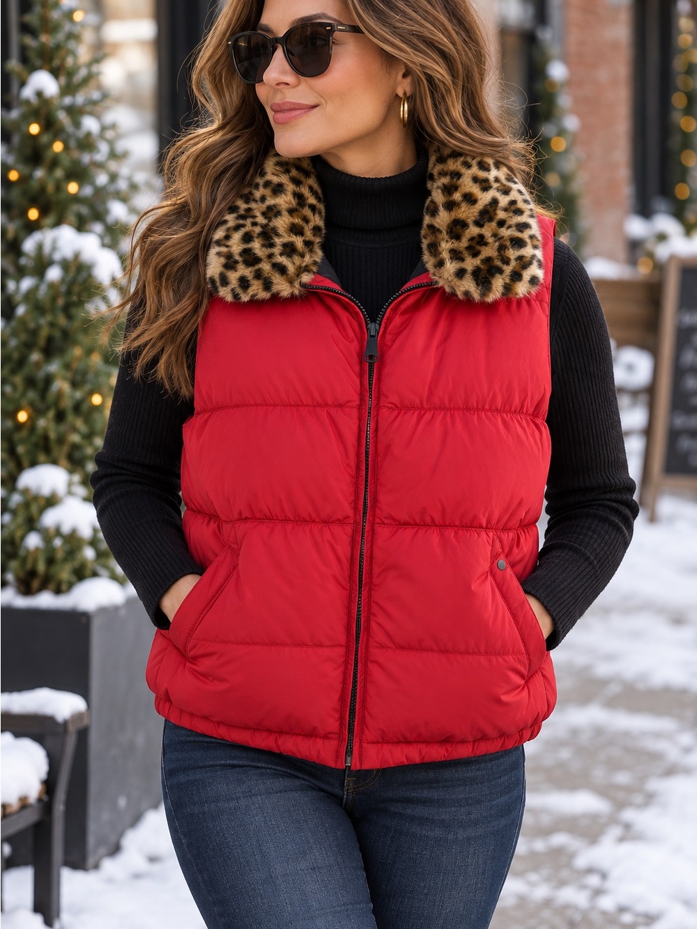 Ralph Lauren Red Quilted Puffer Vest with Faux Leopard Collar